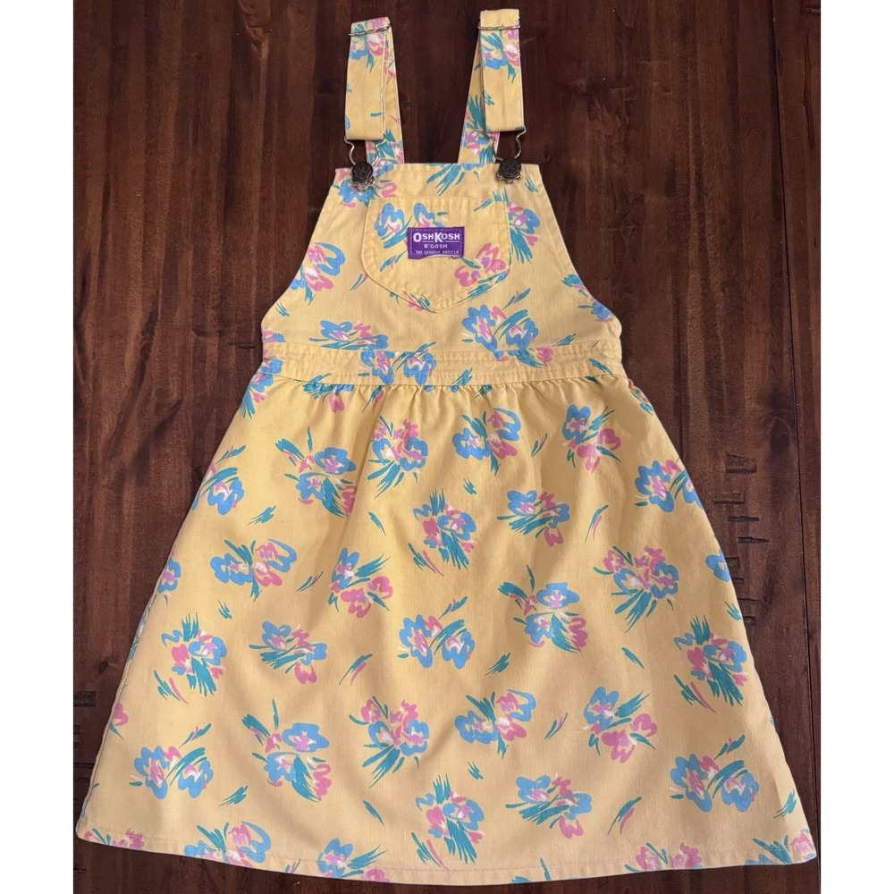 Vintage OshKosh B'gosh Girls Yellow Floral Overall Dress Size 6X Made in USA 90s